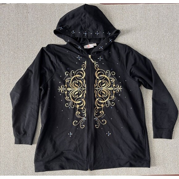 QUACKER FACTORY Rhinestone Full Zip Hoodie Jacket Women's Size Large Black - Picture 1 of 5